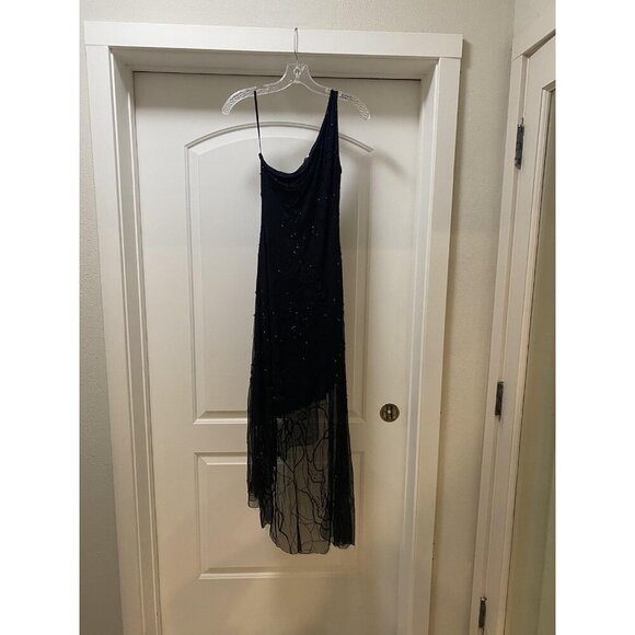 Cache Vintage Dress Womens Medium Black Beaded One Shoulder Asymmetrical Formal - Picture 2 of 7